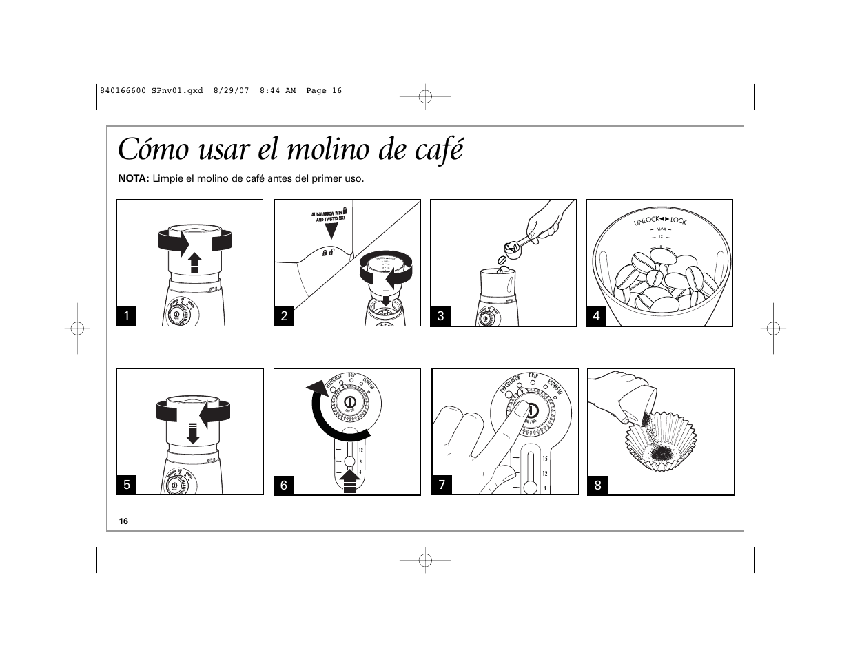 Cómo usar el molino de café | Hamilton Beach Custom Grind Deluxe User Manual | Page 16 / 20