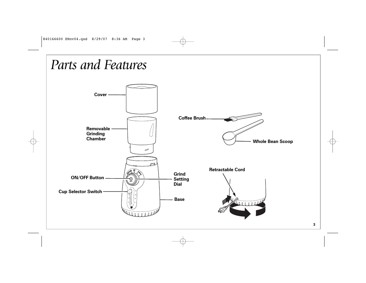 Parts and features | Hamilton Beach Custom Grind Deluxe User Manual | Page 3 / 20