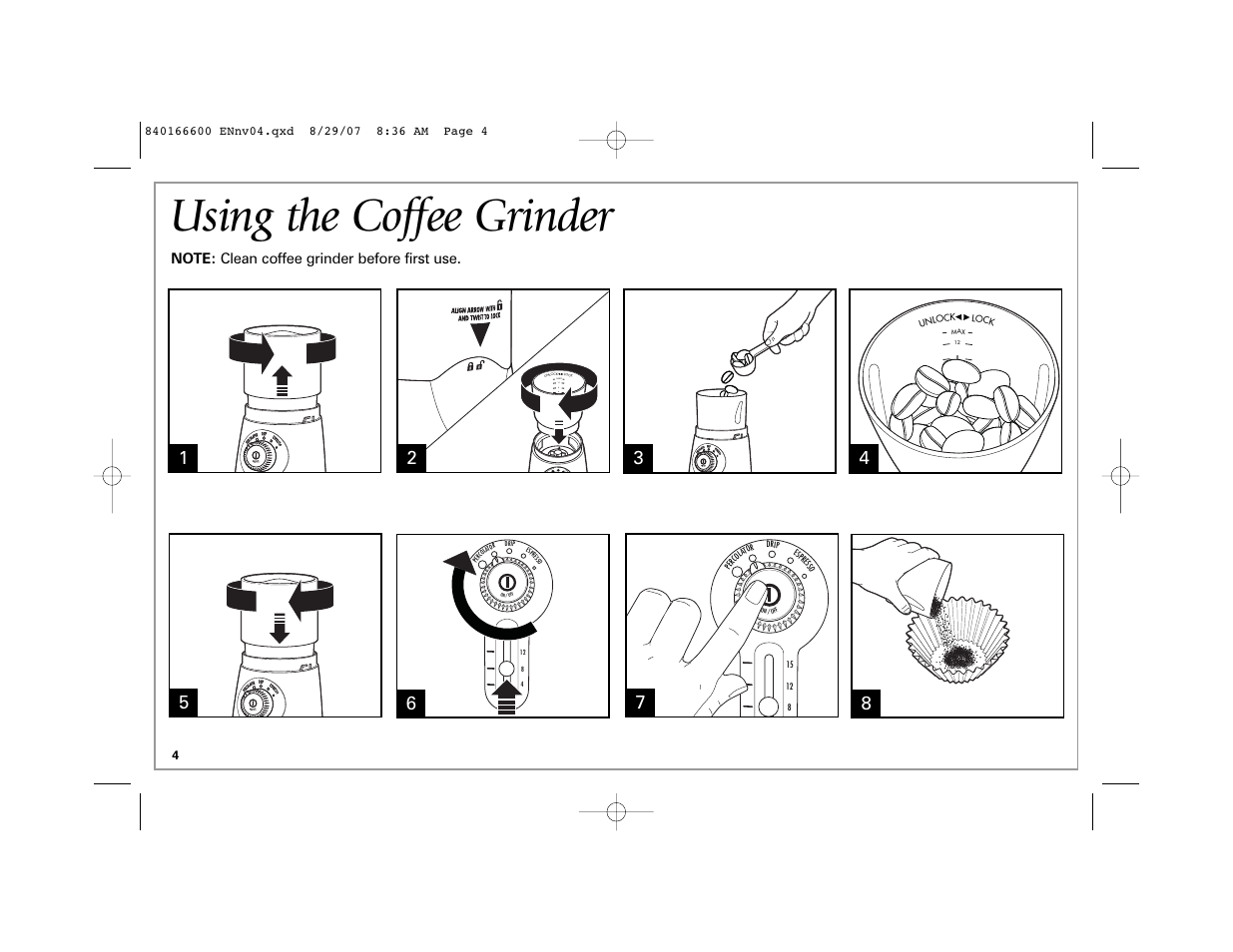 Using the coffee grinder | Hamilton Beach Custom Grind Deluxe User Manual | Page 4 / 20