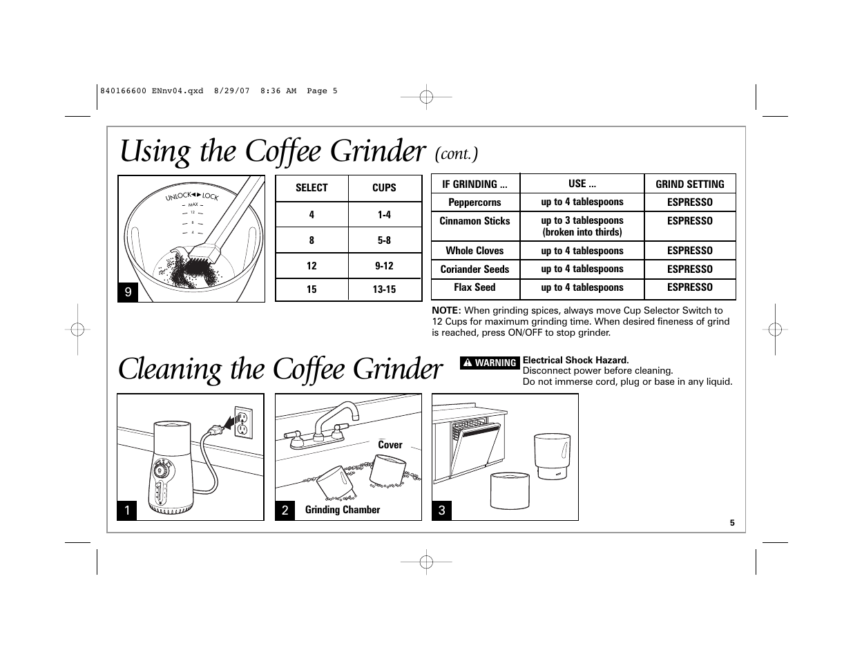 Using the coffee grinder, Cleaning the coffee grinder, Cont.) | Hamilton Beach Custom Grind Deluxe User Manual | Page 5 / 20