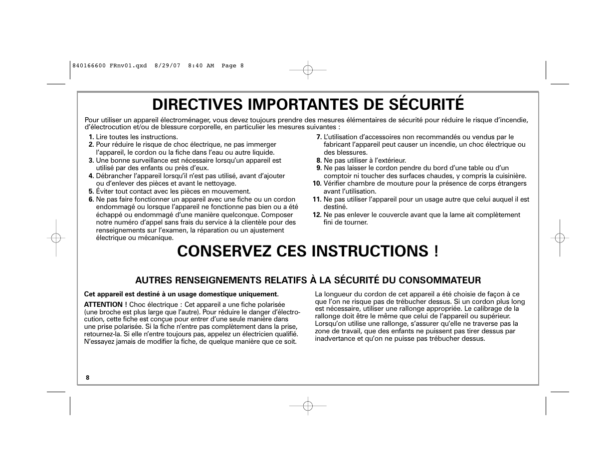 Directives importantes de sécurité, Conservez ces instructions | Hamilton Beach Custom Grind Deluxe User Manual | Page 8 / 20