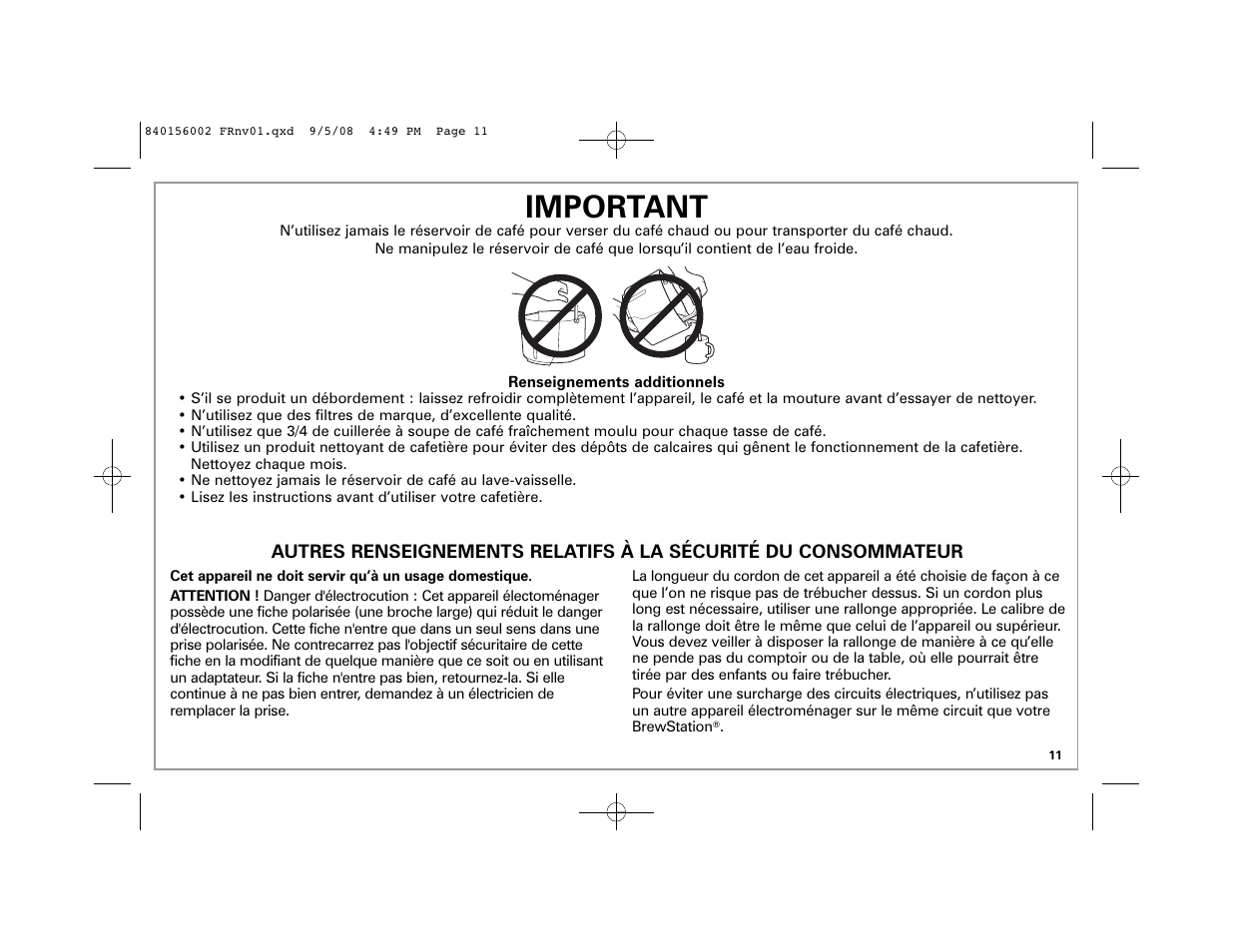 Important | Hamilton Beach Coffee BrewStation User Manual | Page 11 / 28