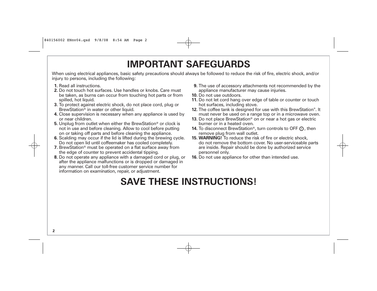 Important safeguards, Save these instructions | Hamilton Beach Coffee BrewStation User Manual | Page 2 / 28
