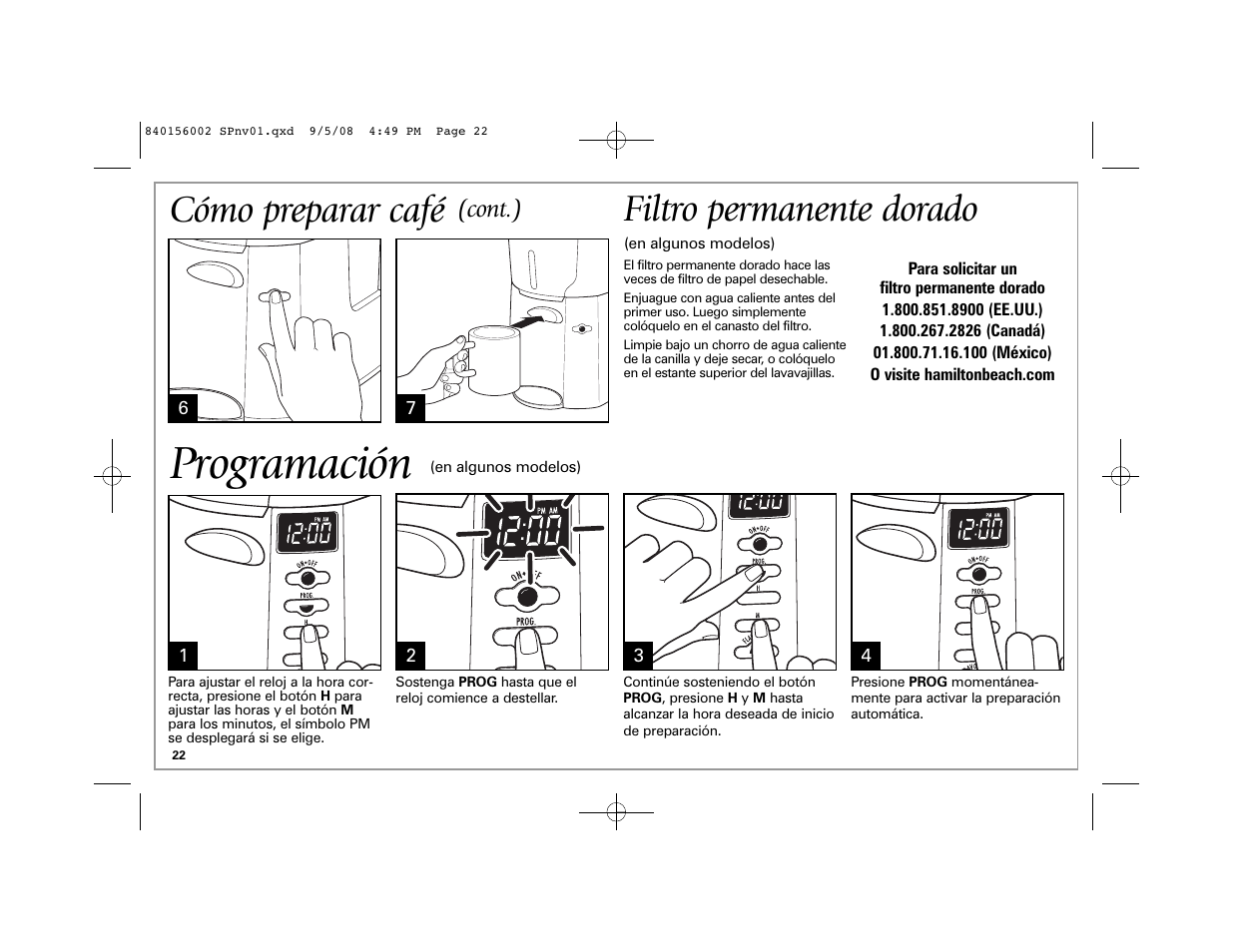 Programación, Cómo preparar café, Filtro permanente dorado | Cont.) | Hamilton Beach Coffee BrewStation User Manual | Page 22 / 28