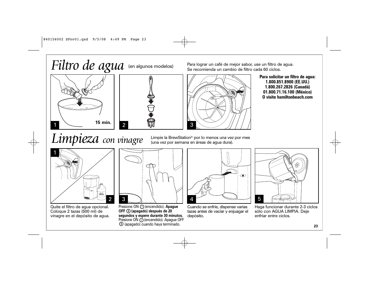 Filtro de agua, Limpieza, Con vinagre | Hamilton Beach Coffee BrewStation User Manual | Page 23 / 28