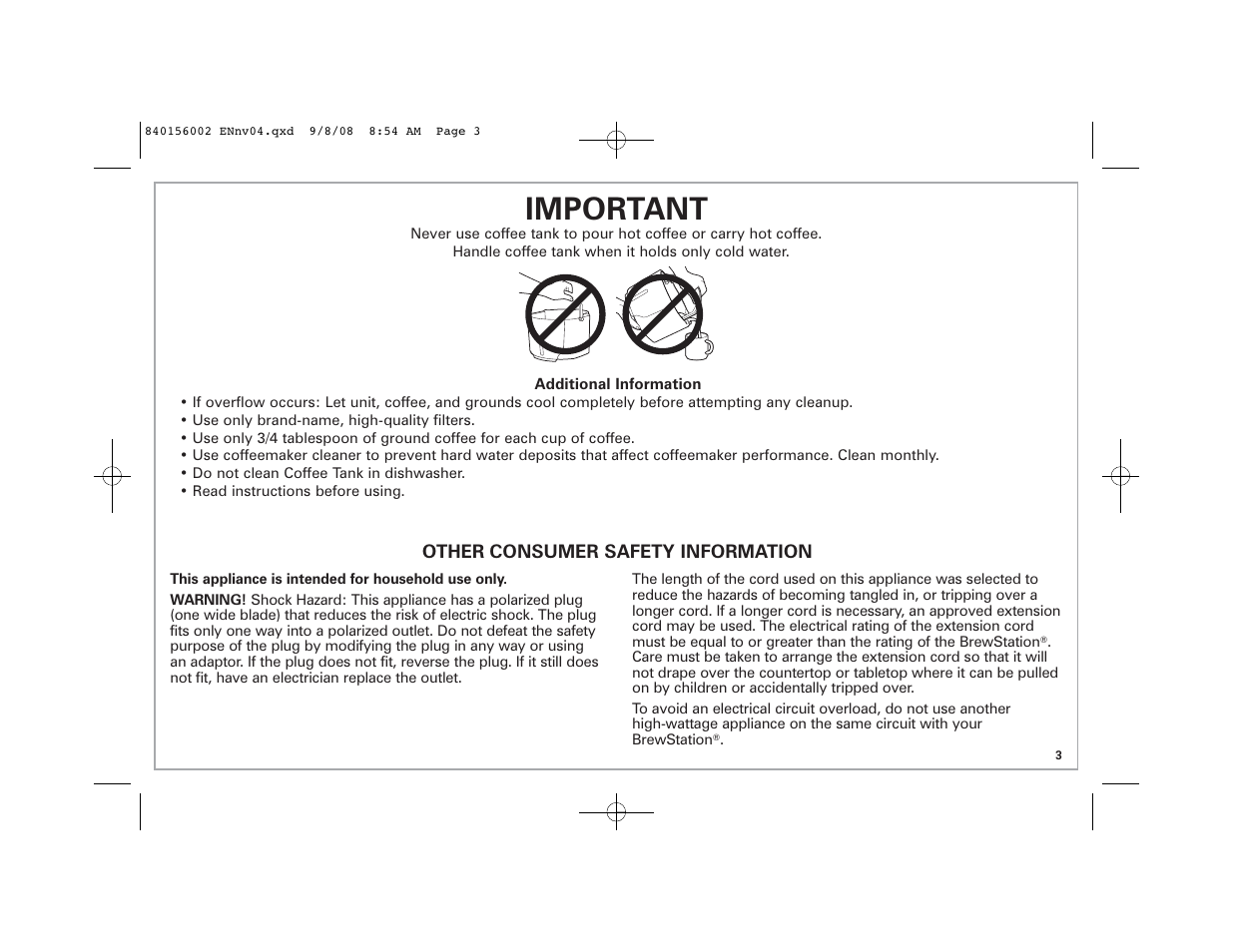 Important | Hamilton Beach Coffee BrewStation User Manual | Page 3 / 28