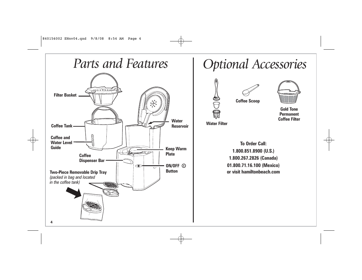 Parts and features, Optional accessories | Hamilton Beach Coffee BrewStation User Manual | Page 4 / 28