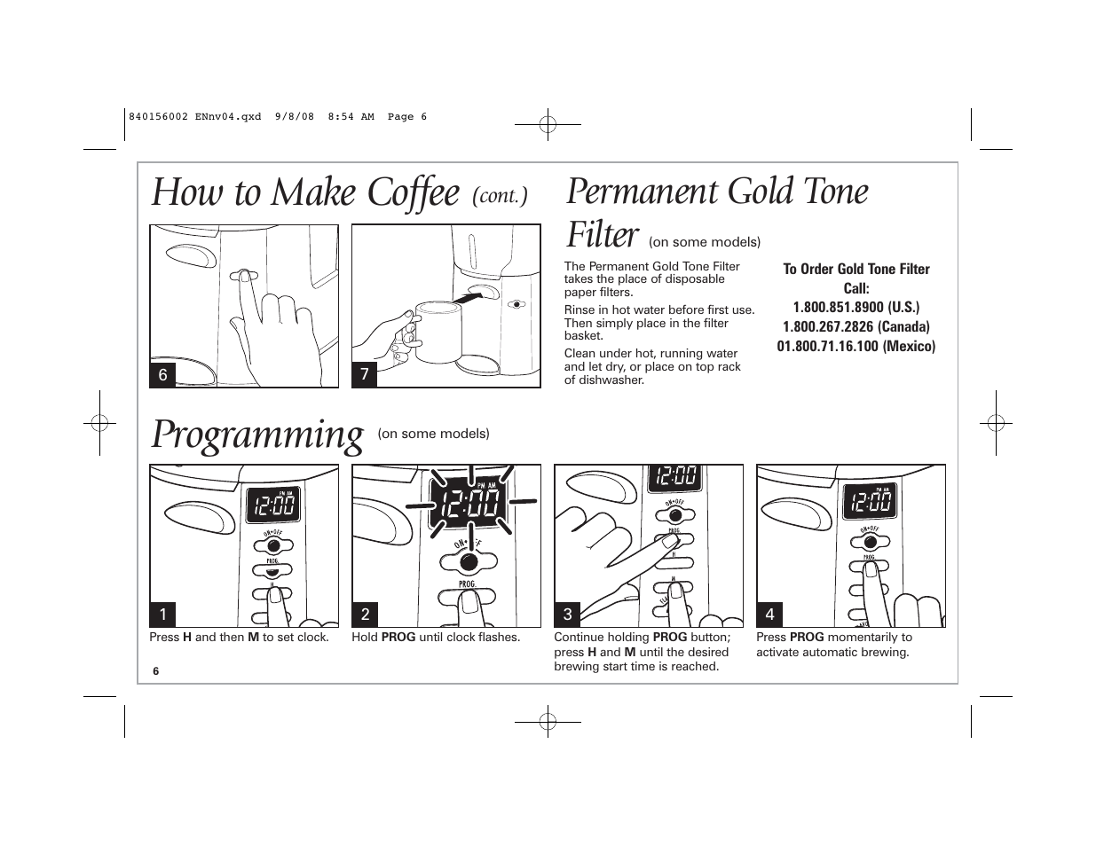 How to make coffee, Programming, Permanent gold tone filter | Cont.) | Hamilton Beach Coffee BrewStation User Manual | Page 6 / 28