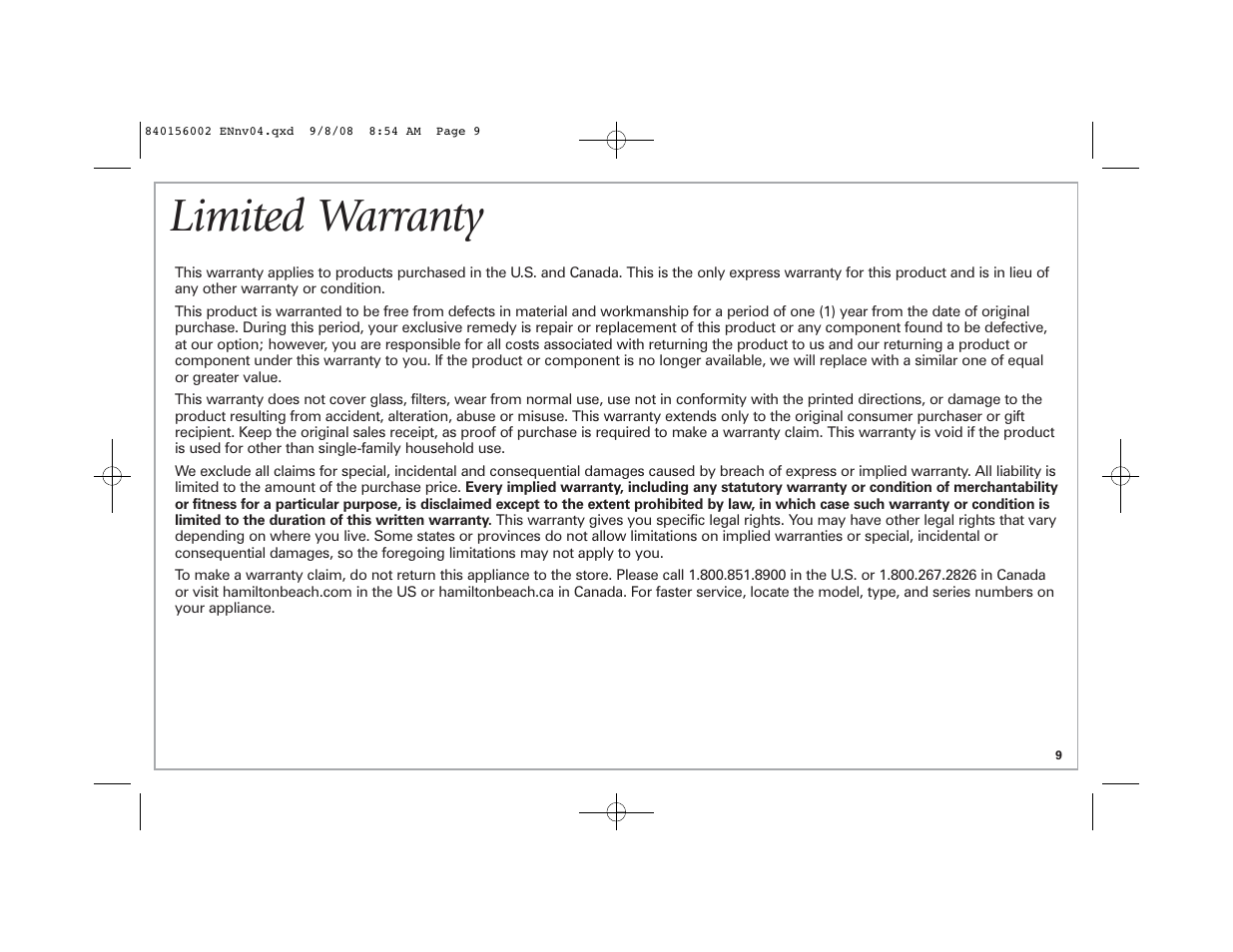 Limited warranty | Hamilton Beach Coffee BrewStation User Manual | Page 9 / 28