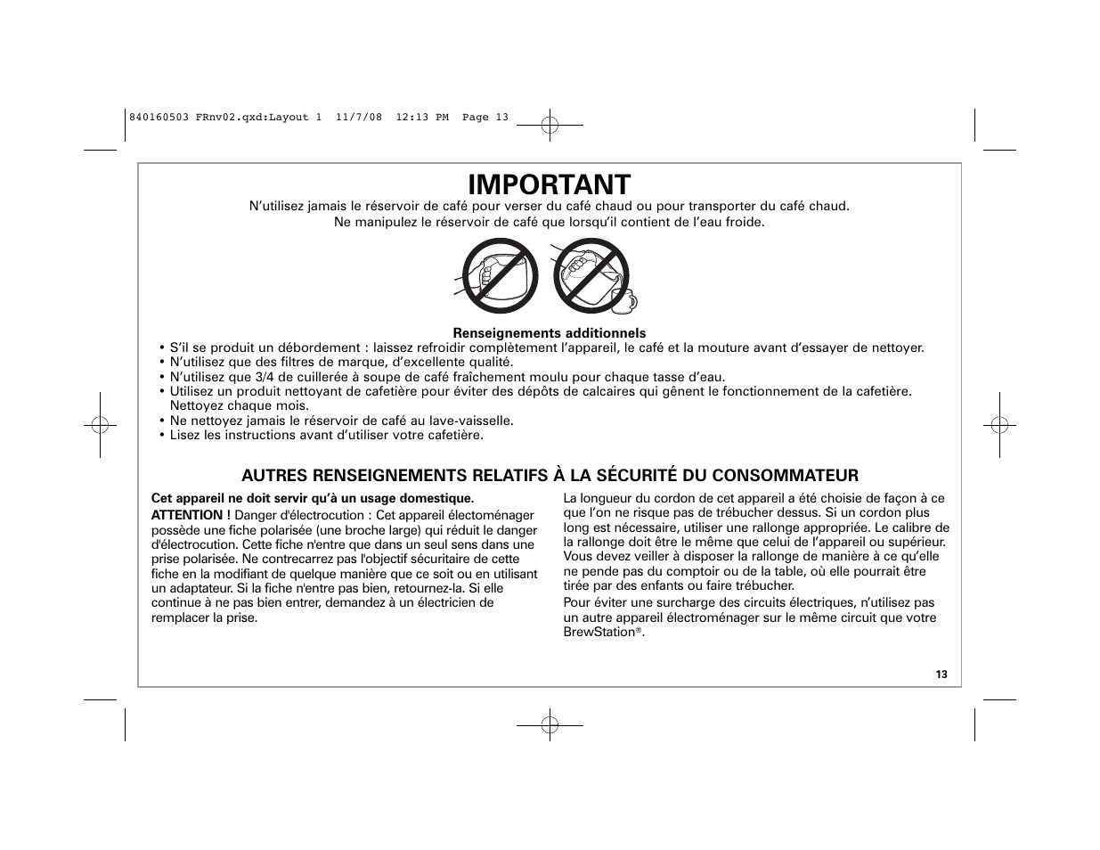 Important | Hamilton Beach BrewStation Deluxe 47454H User Manual | Page 13 / 32