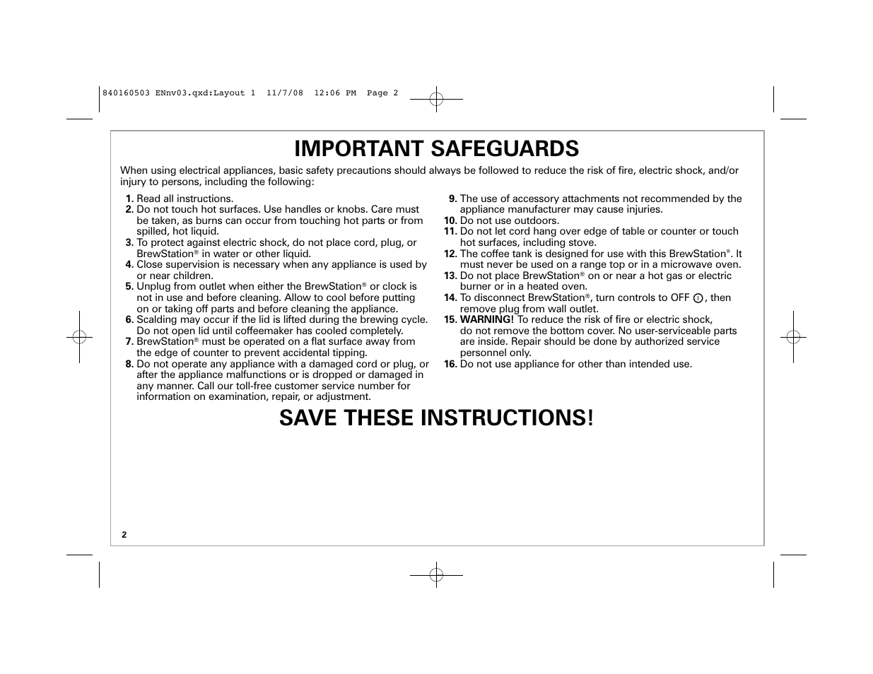 Important safeguards, Save these instructions | Hamilton Beach BrewStation Deluxe 47454H User Manual | Page 2 / 32