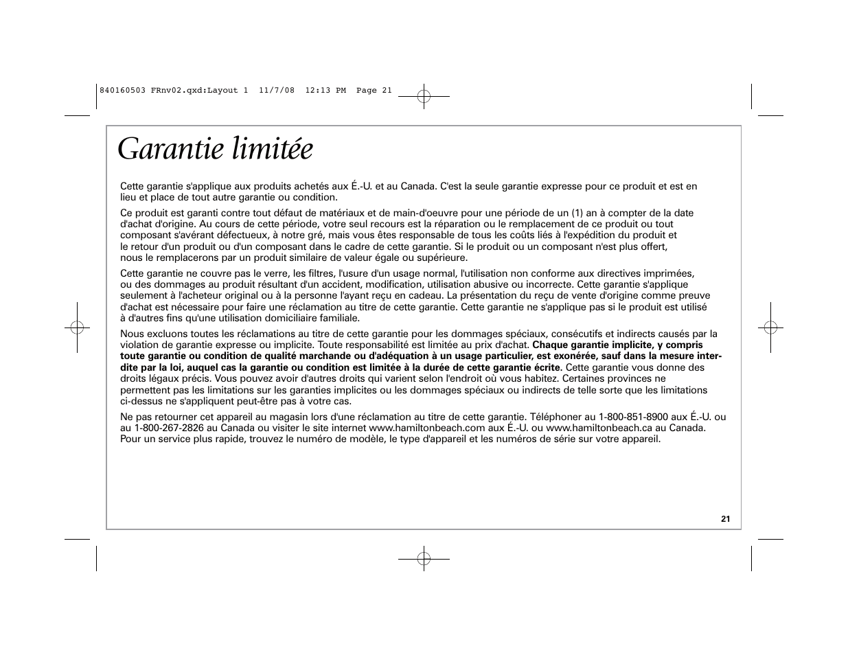 Garantie limitée | Hamilton Beach BrewStation Deluxe 47454H User Manual | Page 21 / 32