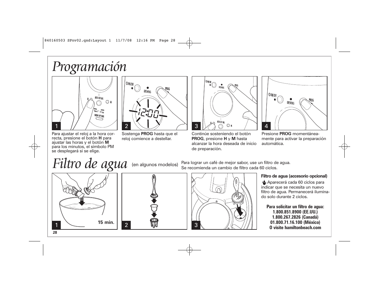 Programación, Filtro de agua | Hamilton Beach BrewStation Deluxe 47454H User Manual | Page 28 / 32