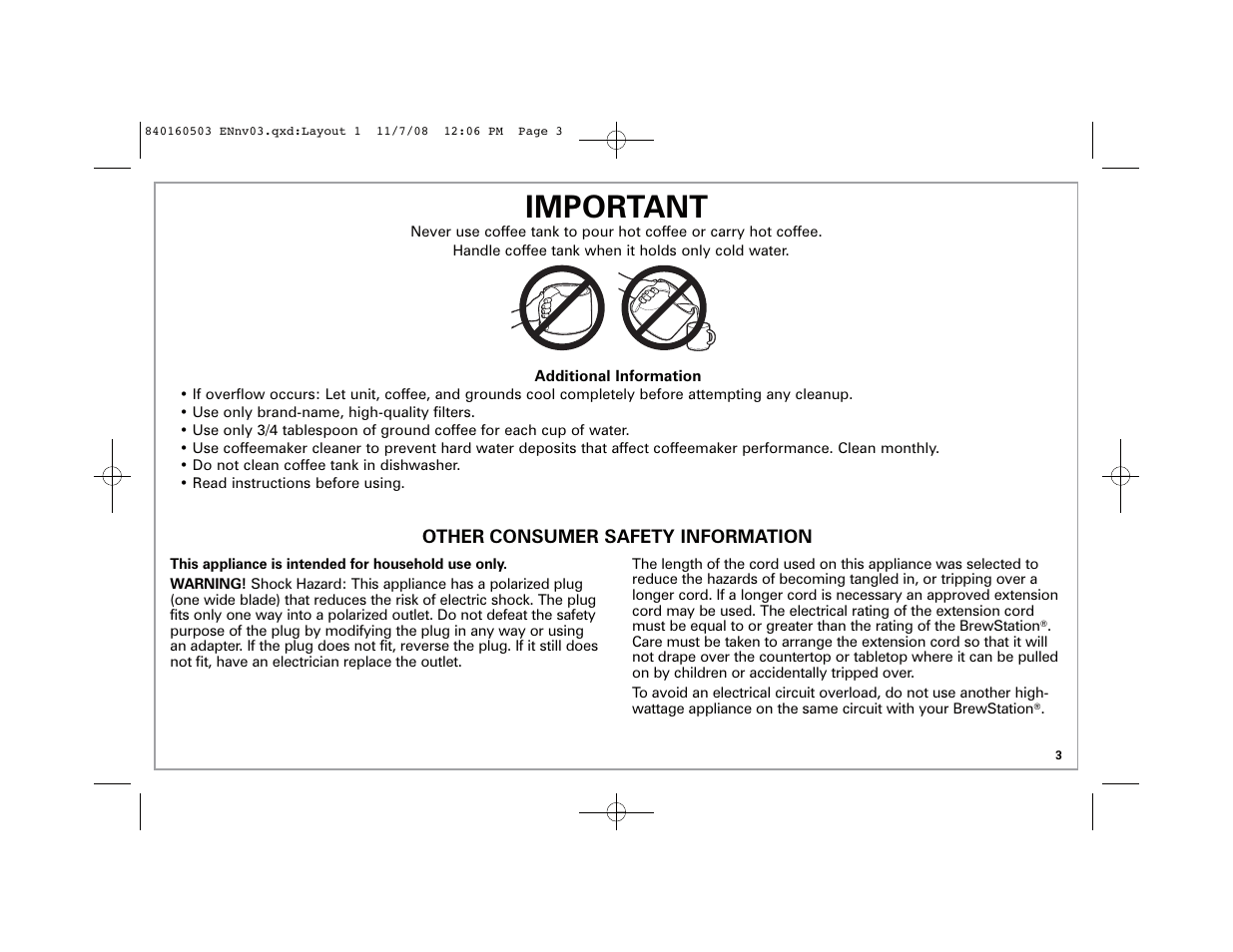 Important | Hamilton Beach BrewStation Deluxe 47454H User Manual | Page 3 / 32