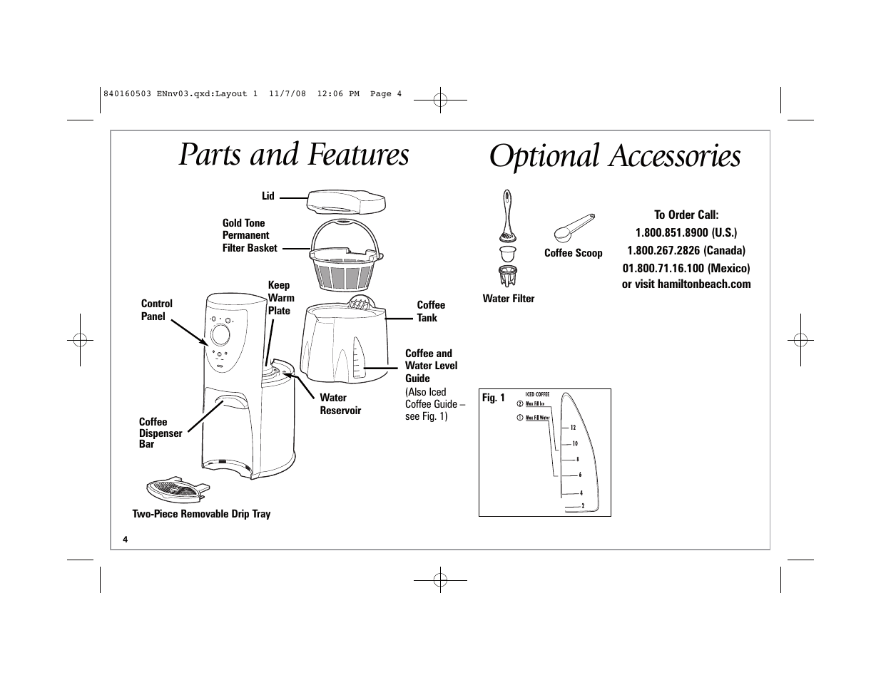 Parts and features, Optional accessories | Hamilton Beach BrewStation Deluxe 47454H User Manual | Page 4 / 32