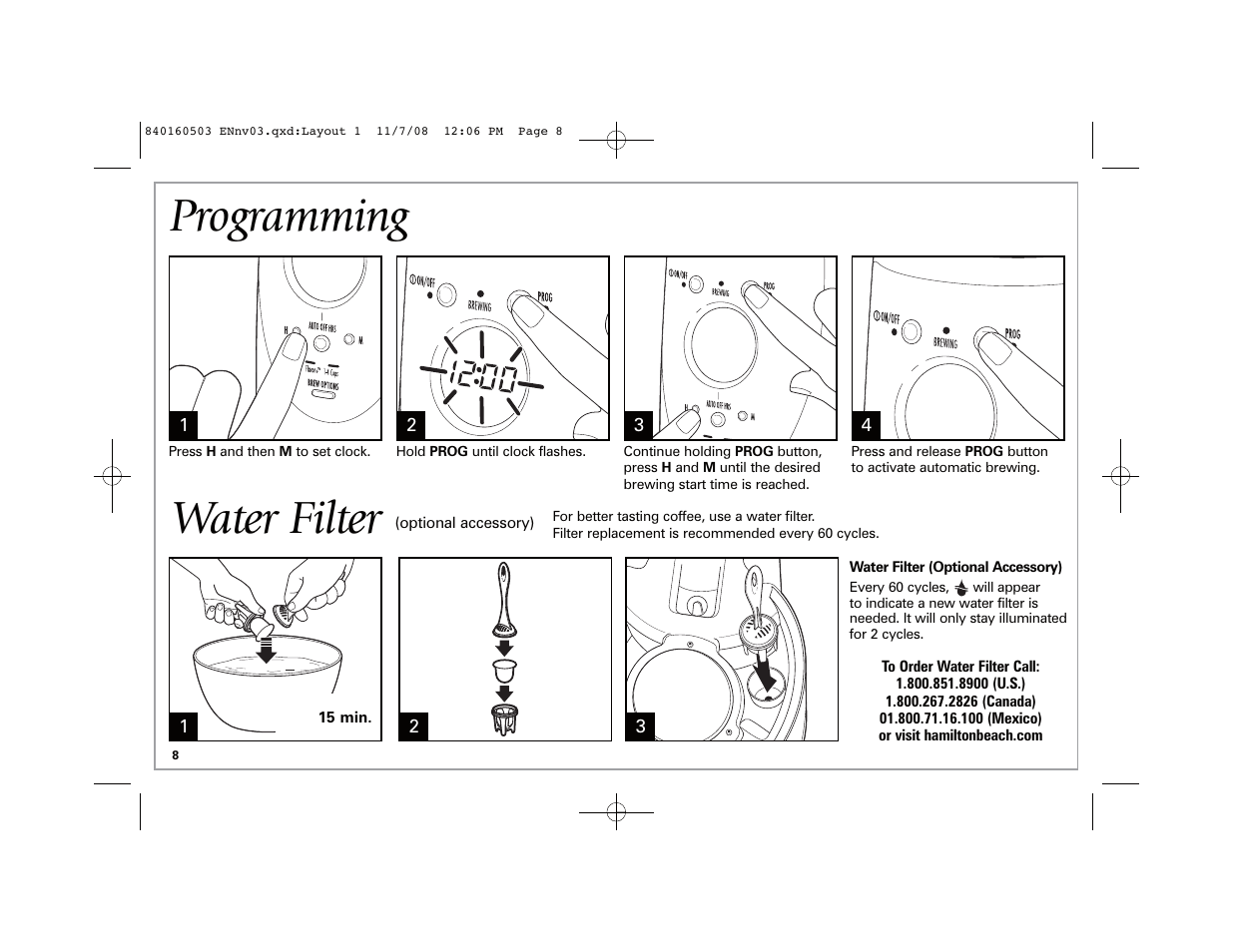 Programming, Water filter | Hamilton Beach BrewStation Deluxe 47454H User Manual | Page 8 / 32