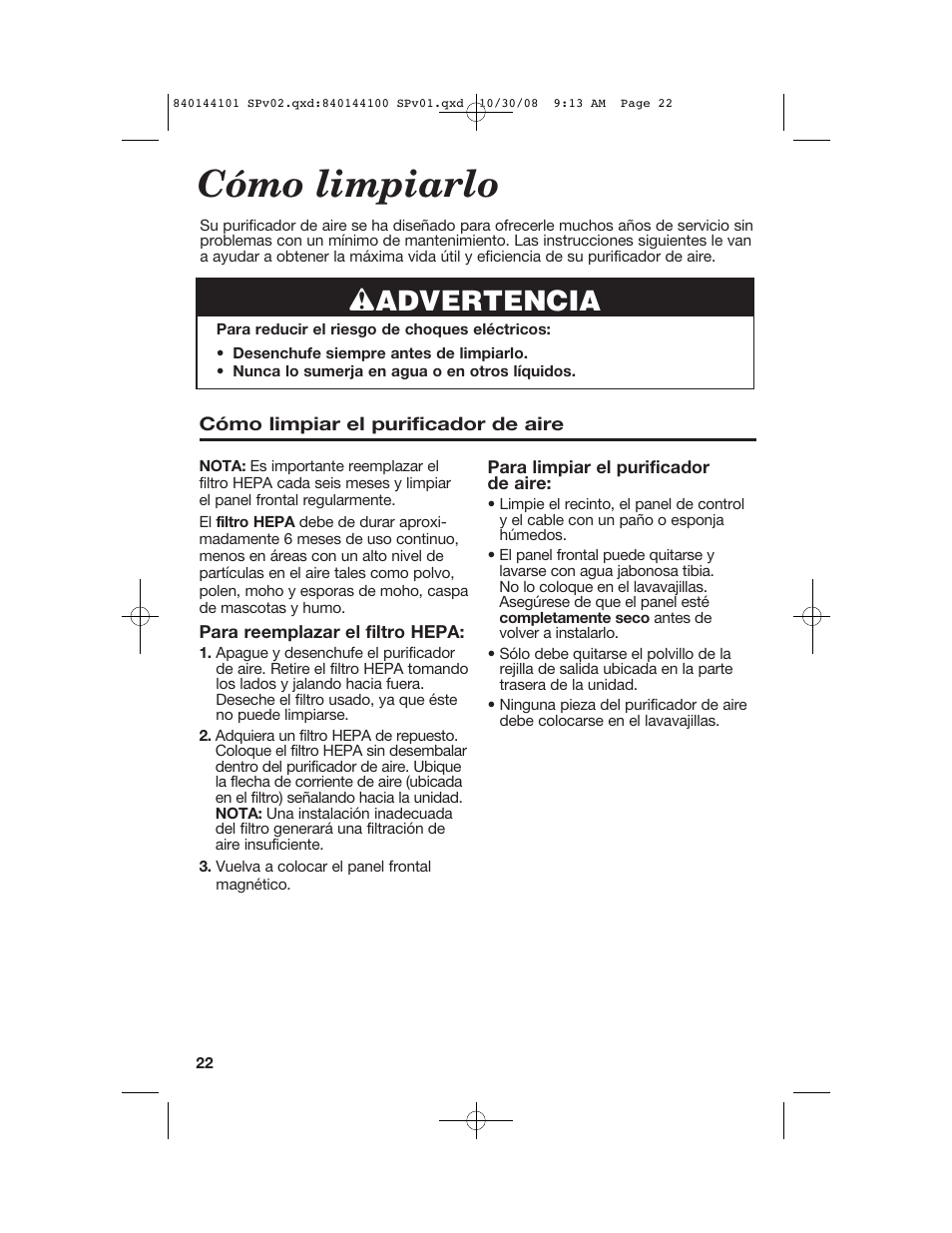 Cómo limpiarlo, Wadvertencia | Hamilton Beach 840144101 User Manual | Page 22 / 28