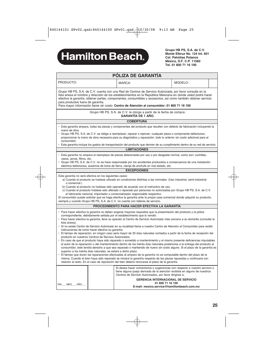 Póliza de garantía | Hamilton Beach 840144101 User Manual | Page 25 / 28