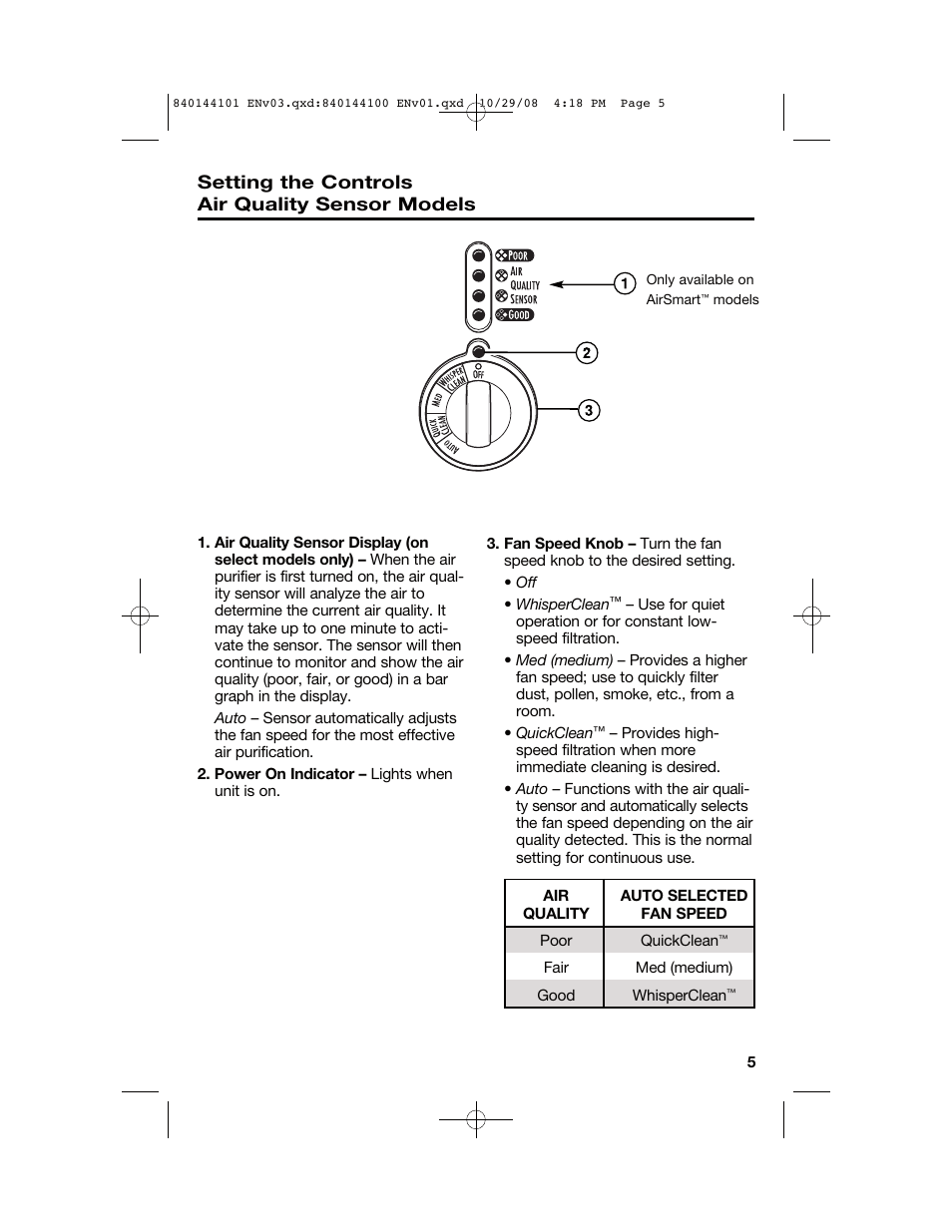 Setting the controls air quality sensor models | Hamilton Beach 840144101 User Manual | Page 5 / 28