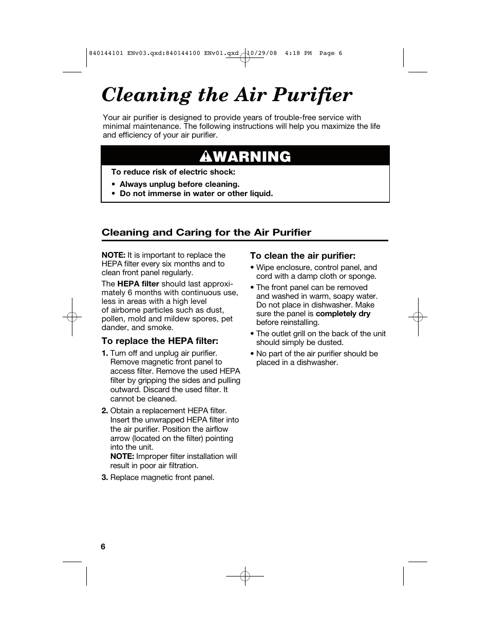 Cleaning the air purifier, Wwarning | Hamilton Beach 840144101 User Manual | Page 6 / 28