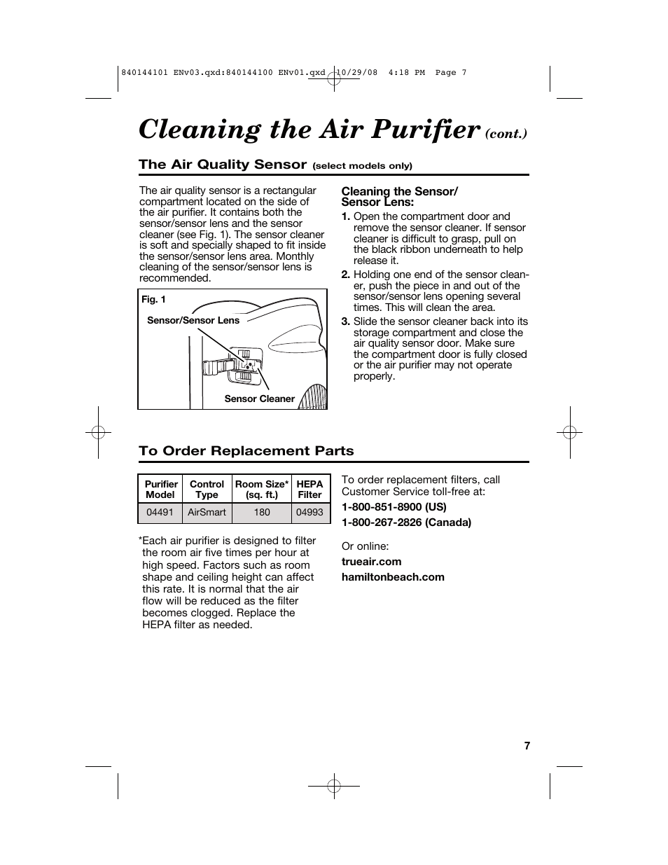 Cleaning the air purifier | Hamilton Beach 840144101 User Manual | Page 7 / 28