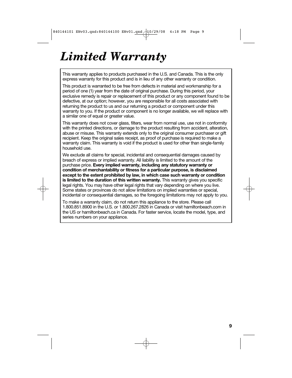 Limited warranty | Hamilton Beach 840144101 User Manual | Page 9 / 28