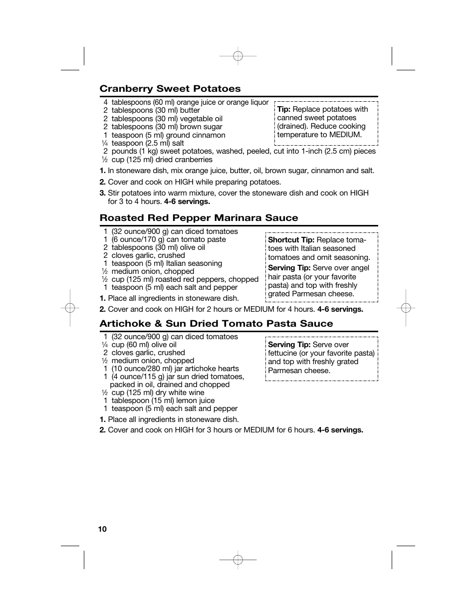 Cranberry sweet potatoes, Roasted red pepper marinara sauce, Artichoke & sun dried tomato pasta sauce | Hamilton Beach Party Crock 840149601 User Manual | Page 10 / 36