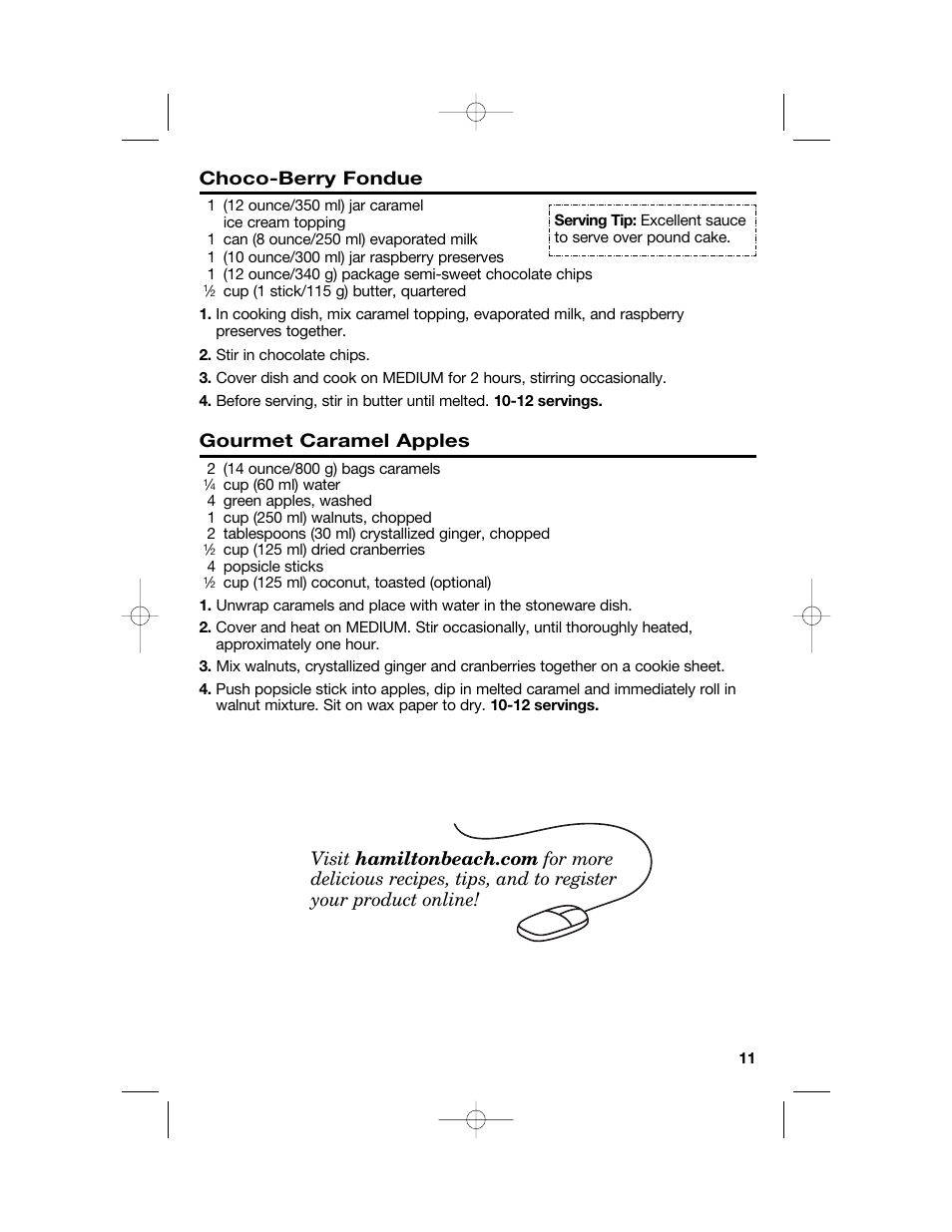 Choco-berry fondue, Gourmet caramel apples | Hamilton Beach Party Crock 840149601 User Manual | Page 11 / 36