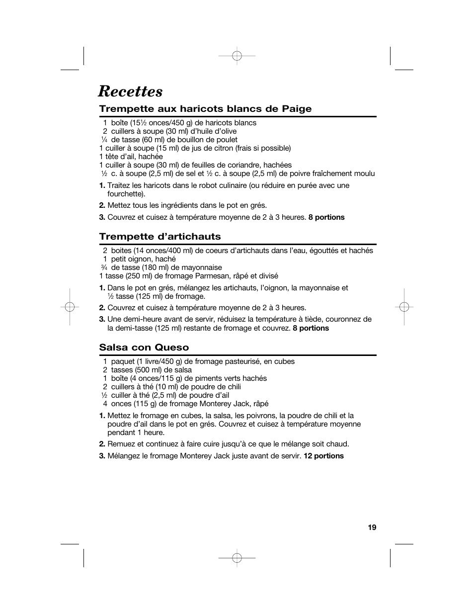 Recettes, Trempette aux haricots blancs de paige, Trempette d’artichauts | Salsa con queso | Hamilton Beach Party Crock 840149601 User Manual | Page 19 / 36