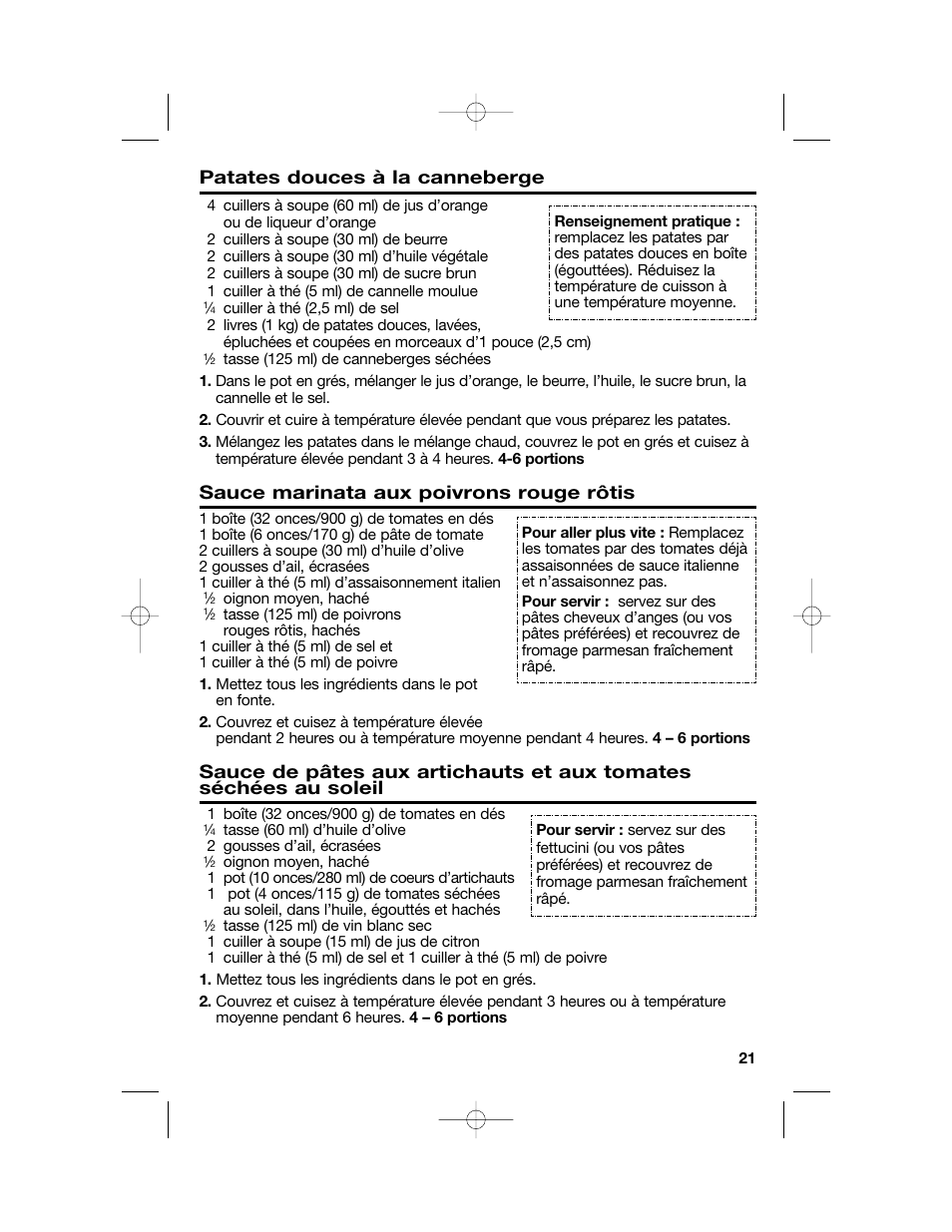 Patates douces à la canneberge, Sauce marinata aux poivrons rouge rôtis | Hamilton Beach Party Crock 840149601 User Manual | Page 21 / 36