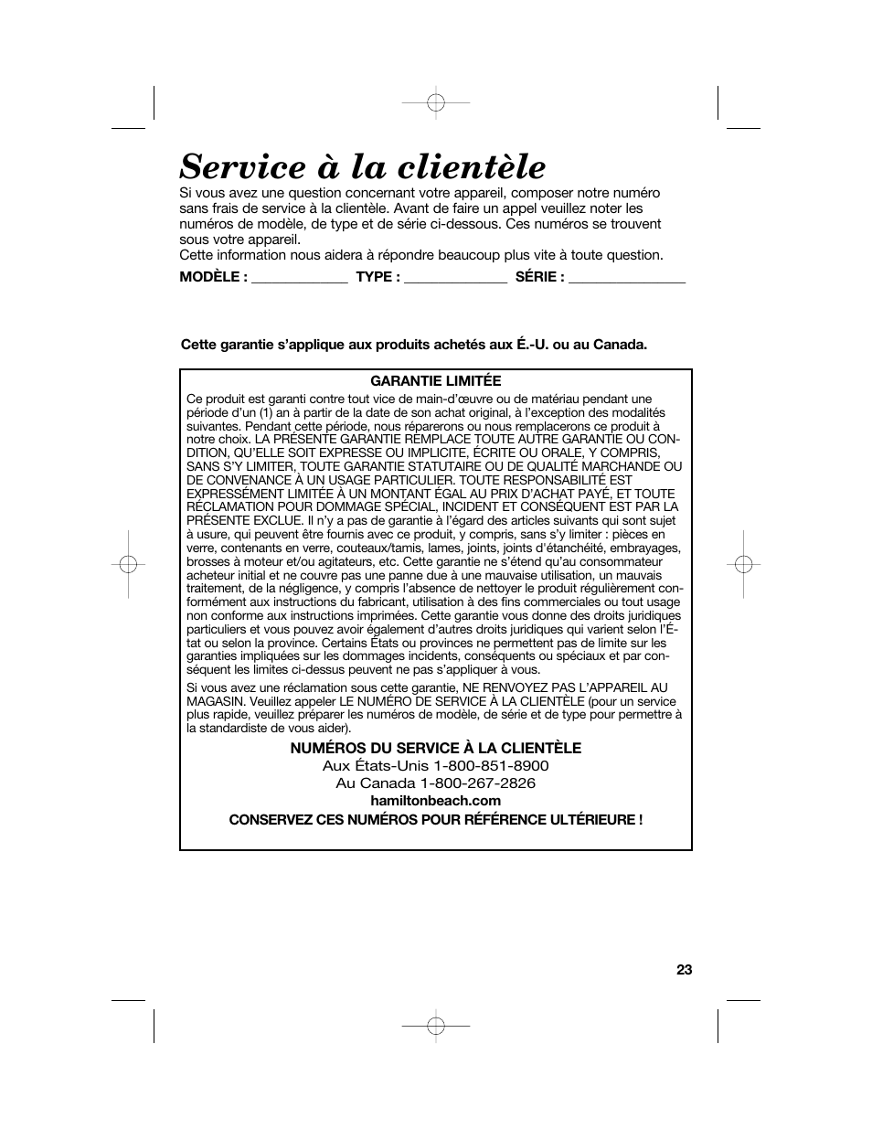 Service à la clientèle | Hamilton Beach Party Crock 840149601 User Manual | Page 23 / 36