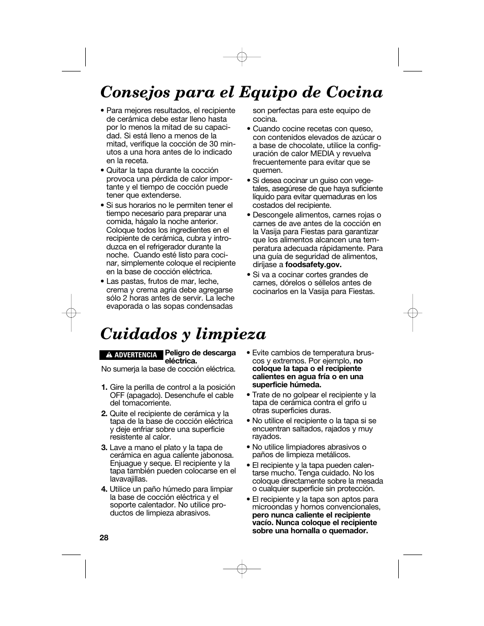 Cuidados y limpieza, Consejos para el equipo de cocina | Hamilton Beach Party Crock 840149601 User Manual | Page 28 / 36