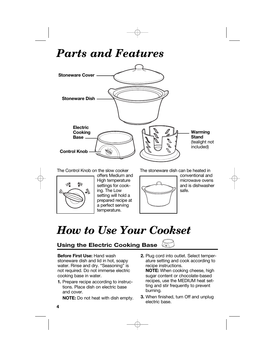 Parts and features how to use your cookset | Hamilton Beach Party Crock 840149601 User Manual | Page 4 / 36