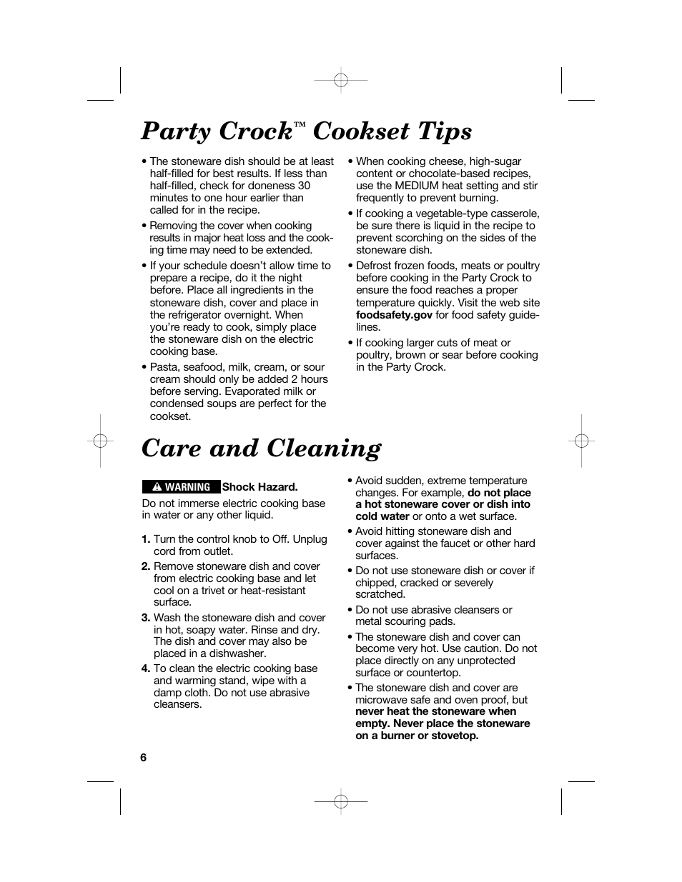 Care and cleaning, Party crock, Cookset tips | Hamilton Beach Party Crock 840149601 User Manual | Page 6 / 36