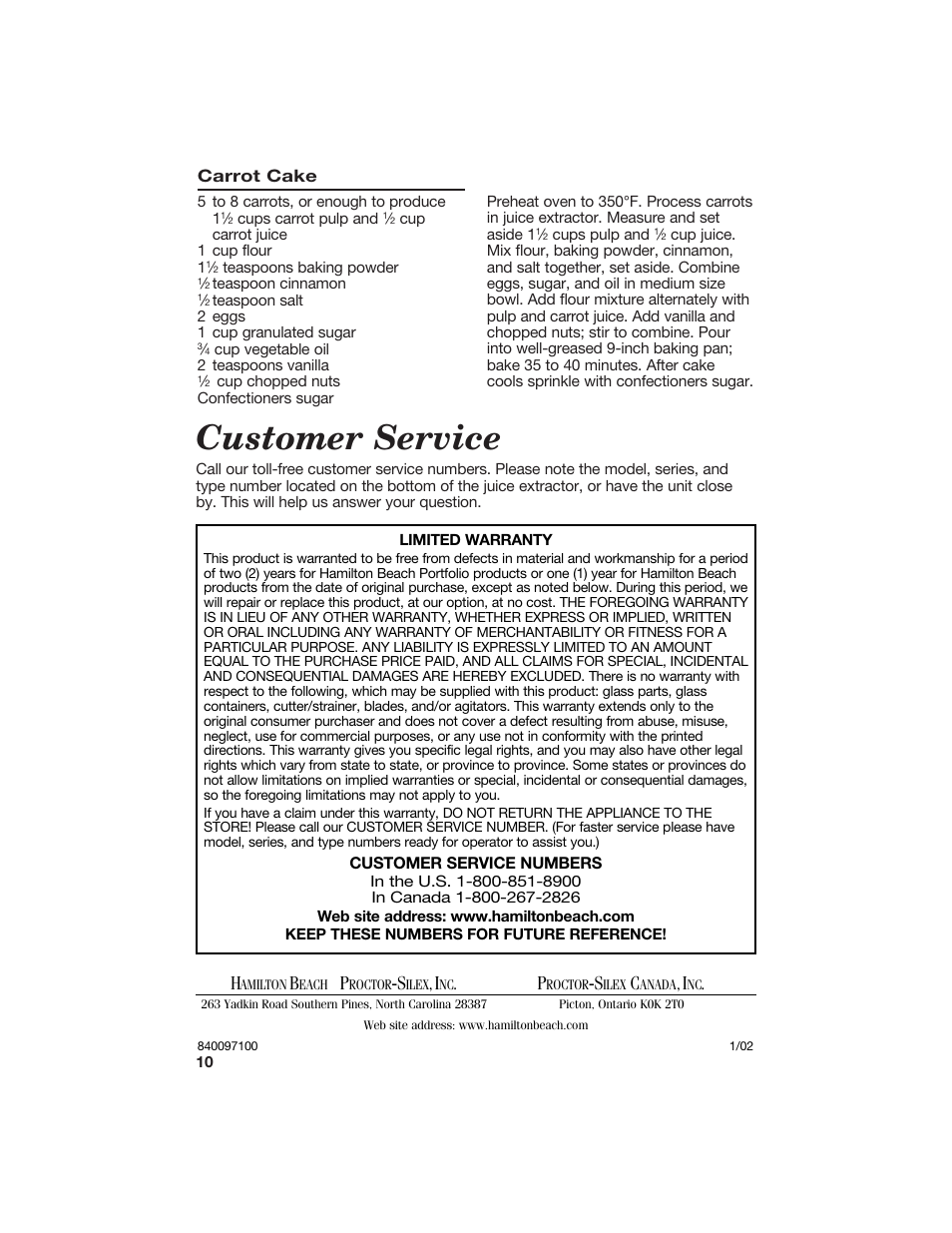Customer service | Hamilton Beach 840097100 User Manual | Page 10 / 10