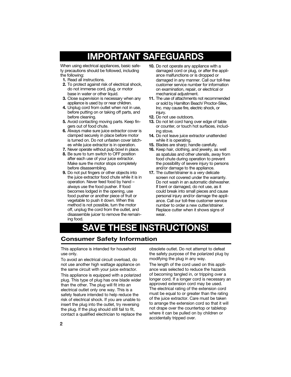 Important safeguards save these instructions | Hamilton Beach 840097100 User Manual | Page 2 / 10