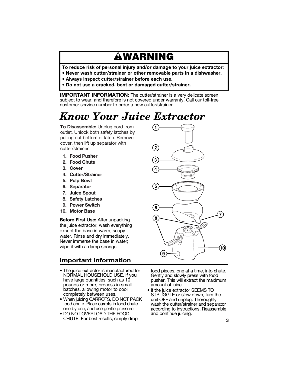 Know your juice extractor, Wwarning | Hamilton Beach 840097100 User Manual | Page 3 / 10