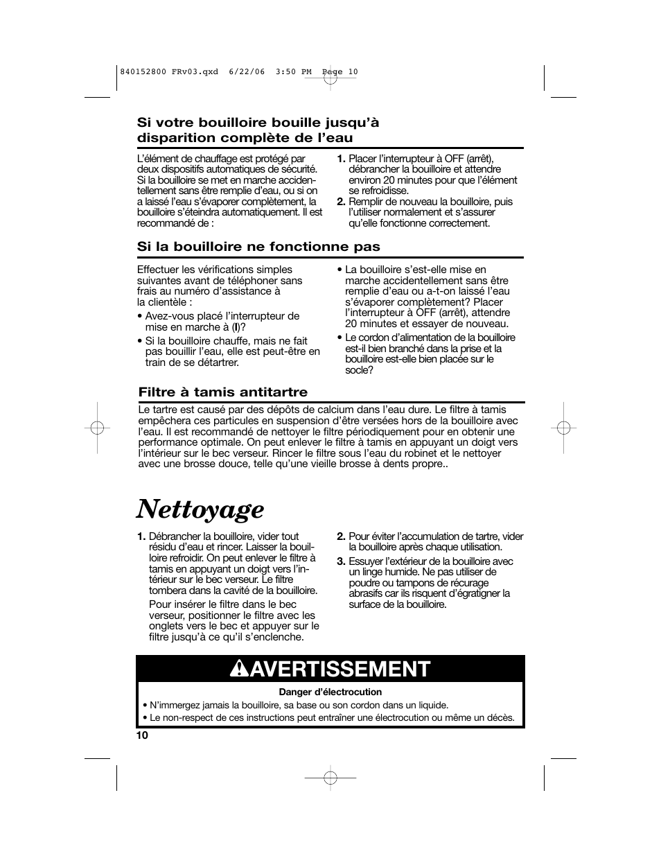 Nettoyage, W avertissement | Hamilton Beach 168950 K14 User Manual | Page 10 / 20