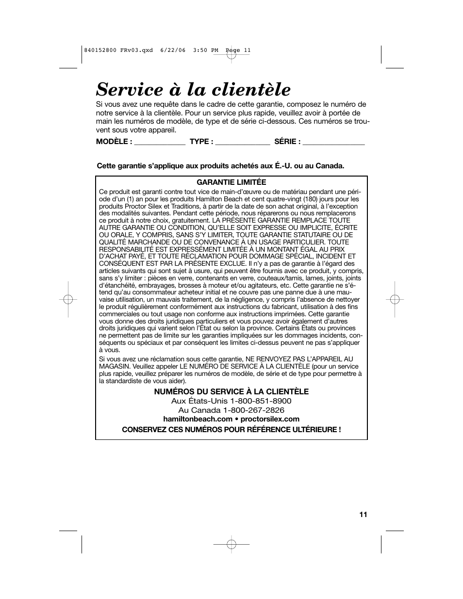 Service à la clientèle | Hamilton Beach 168950 K14 User Manual | Page 11 / 20