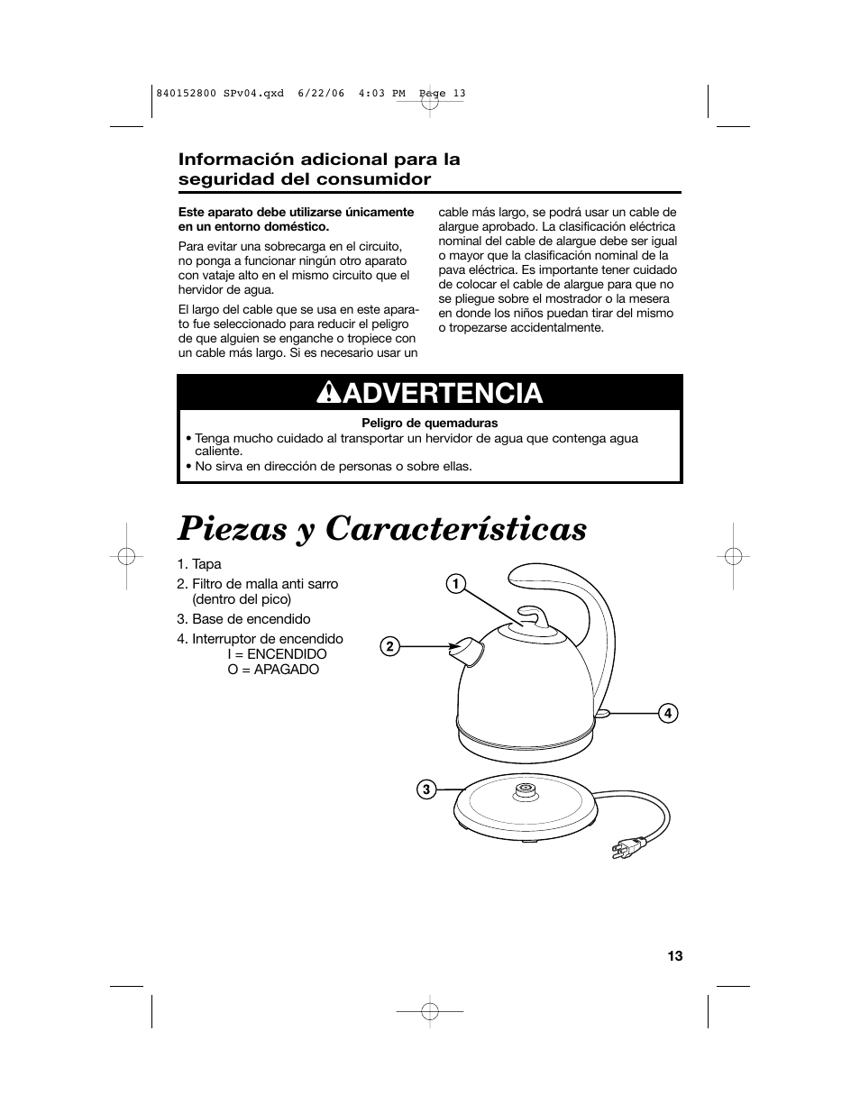 Piezas y características, W advertencia | Hamilton Beach 168950 K14 User Manual | Page 13 / 20