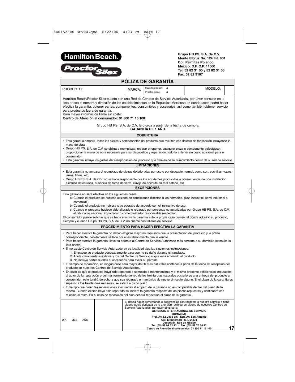 Póliza de garantía | Hamilton Beach 168950 K14 User Manual | Page 17 / 20