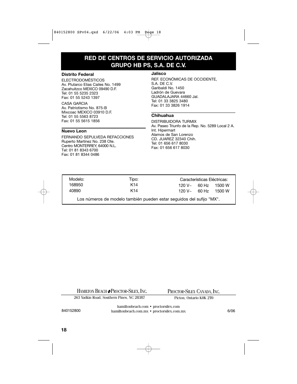 Hamilton Beach 168950 K14 User Manual | Page 18 / 20