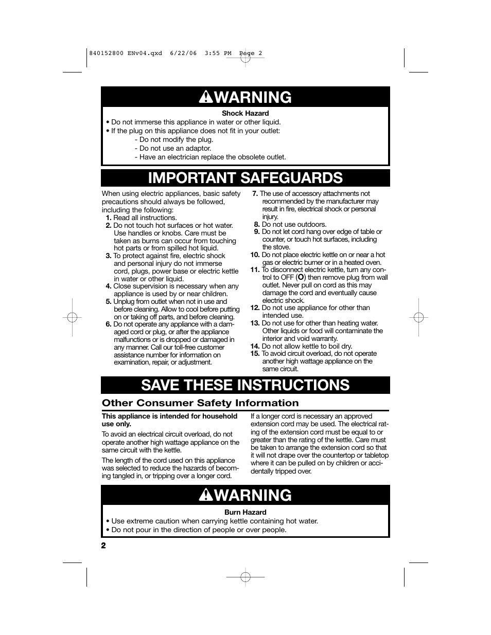 W warning, Save these instructions, Important safeguards | Hamilton Beach 168950 K14 User Manual | Page 2 / 20