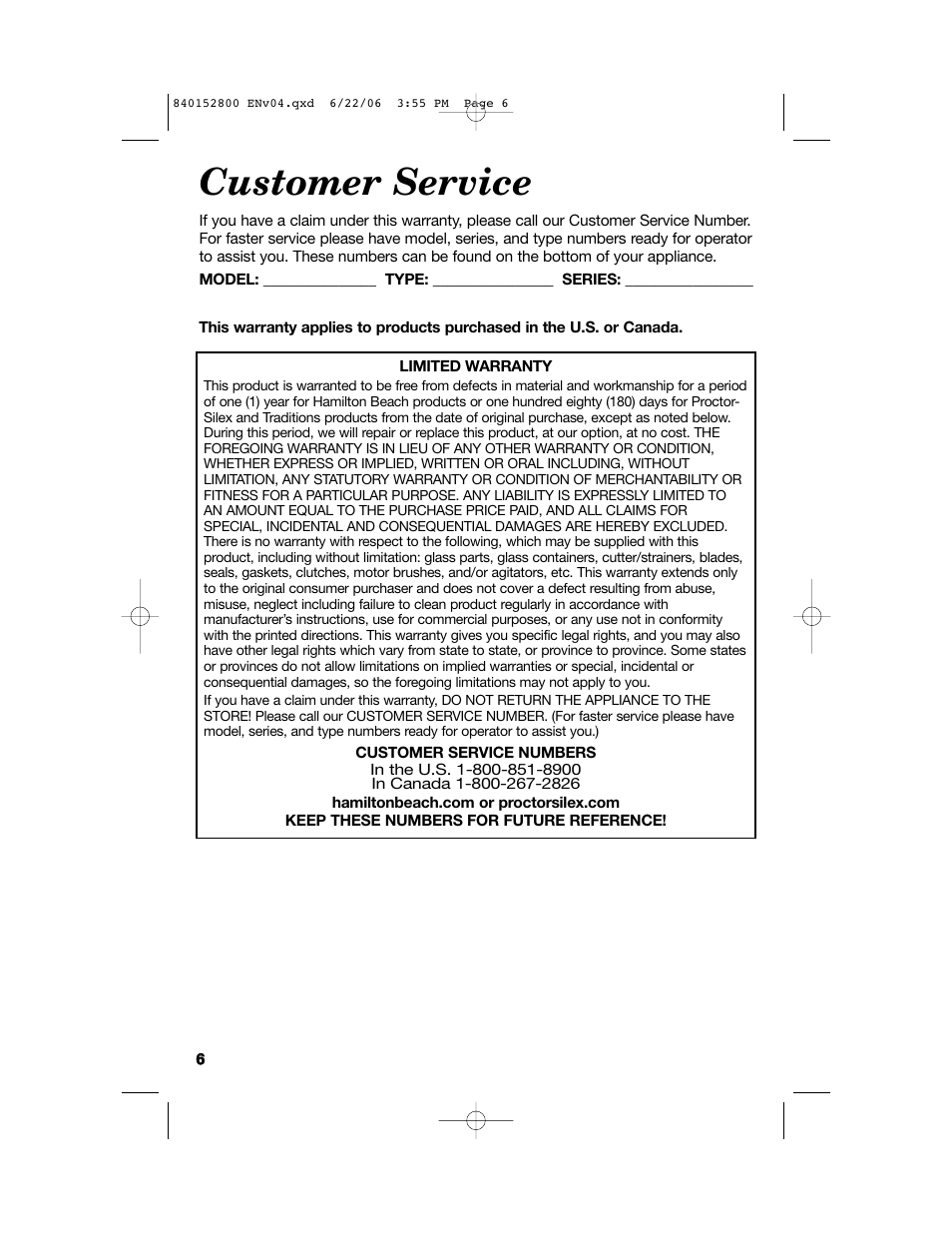 Customer service | Hamilton Beach 168950 K14 User Manual | Page 6 / 20