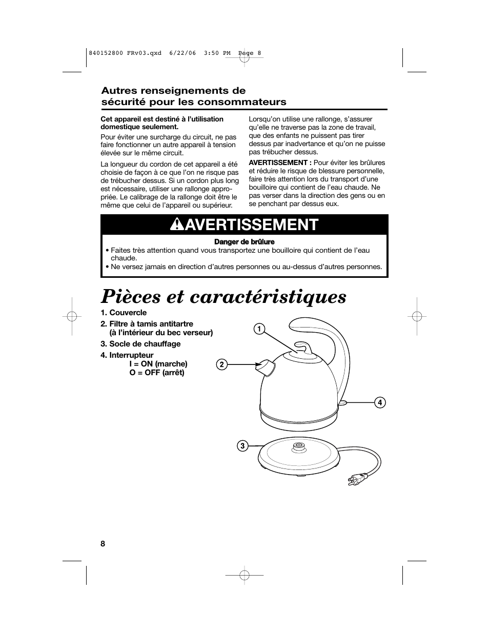 Pièces et caractéristiques, W avertissement | Hamilton Beach 168950 K14 User Manual | Page 8 / 20