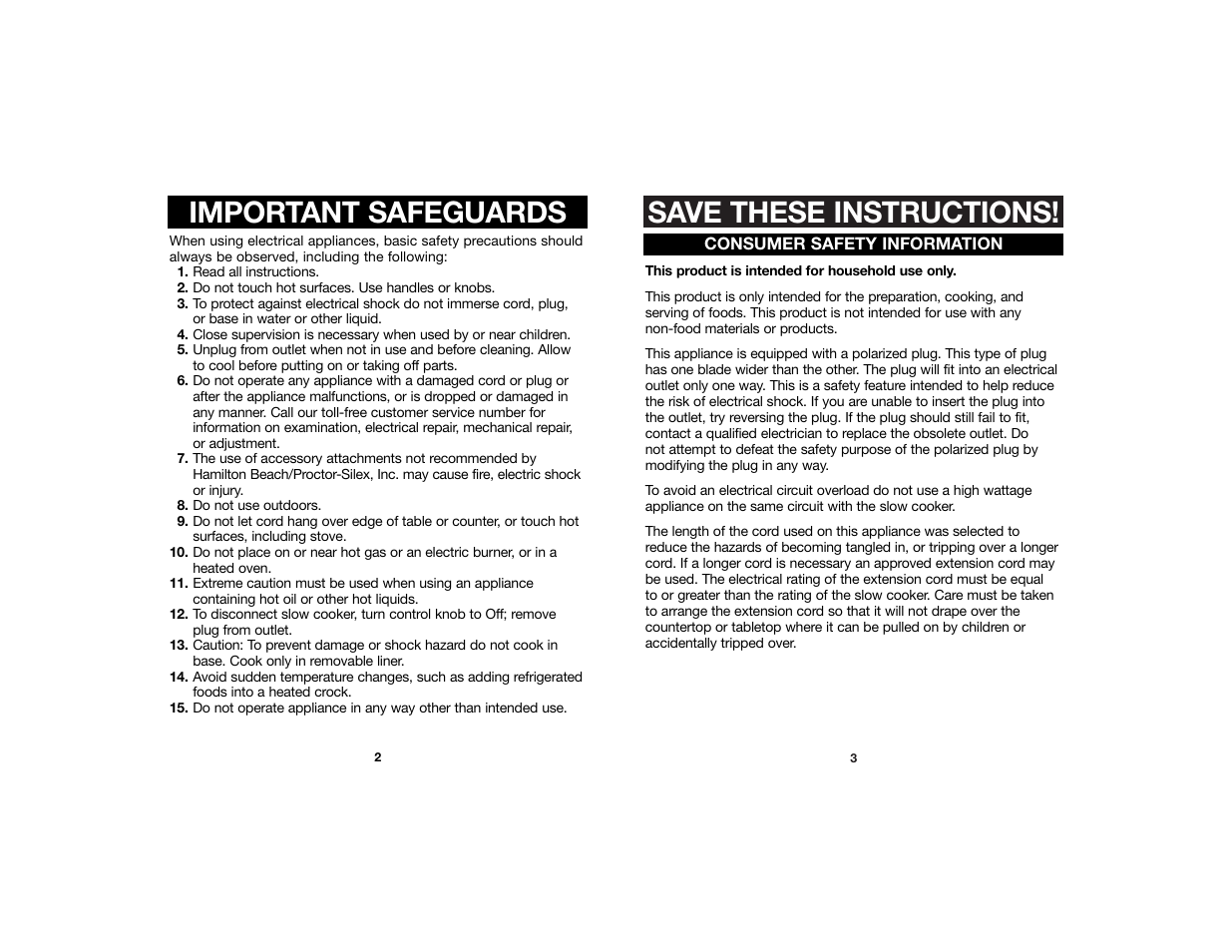 Save these instructions, Important safeguards | Hamilton Beach 840096800 User Manual | Page 2 / 9