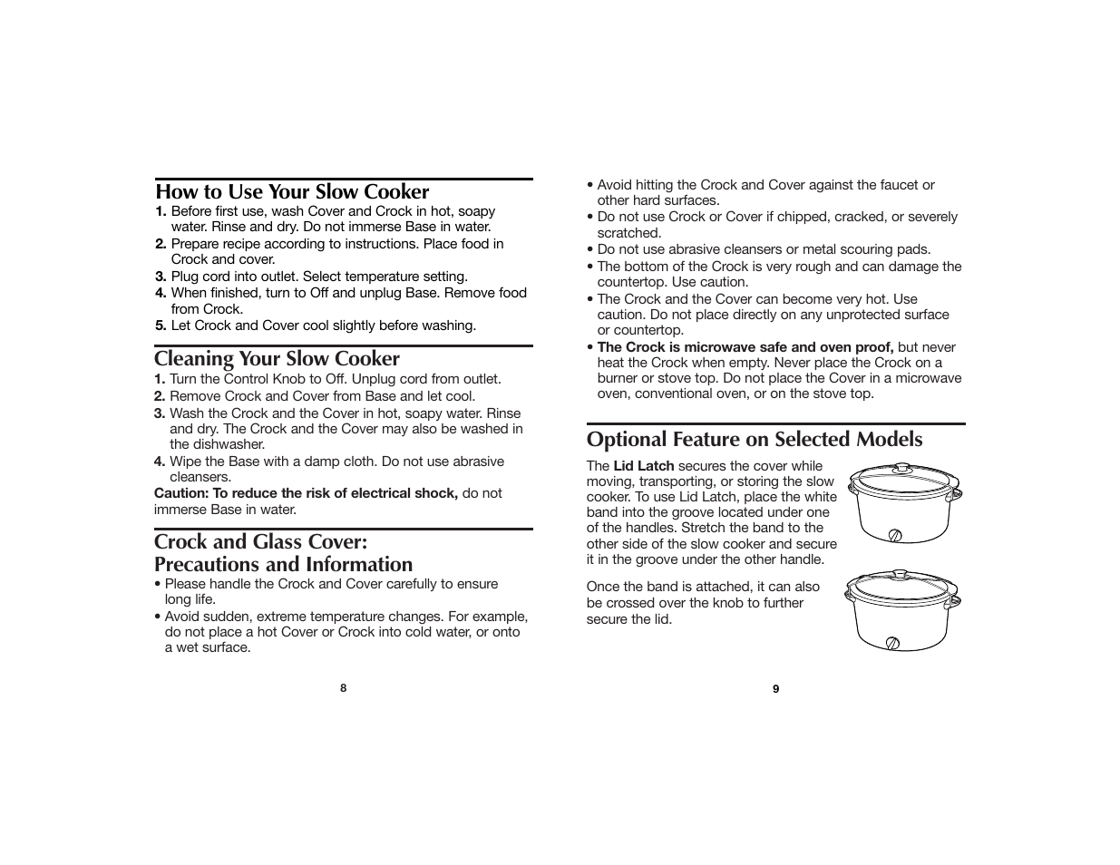 Cleaning your slow cooker, Crock and glass cover: precautions and information, Optional feature on selected models | How to use your slow cooker | Hamilton Beach 840096800 User Manual | Page 5 / 9