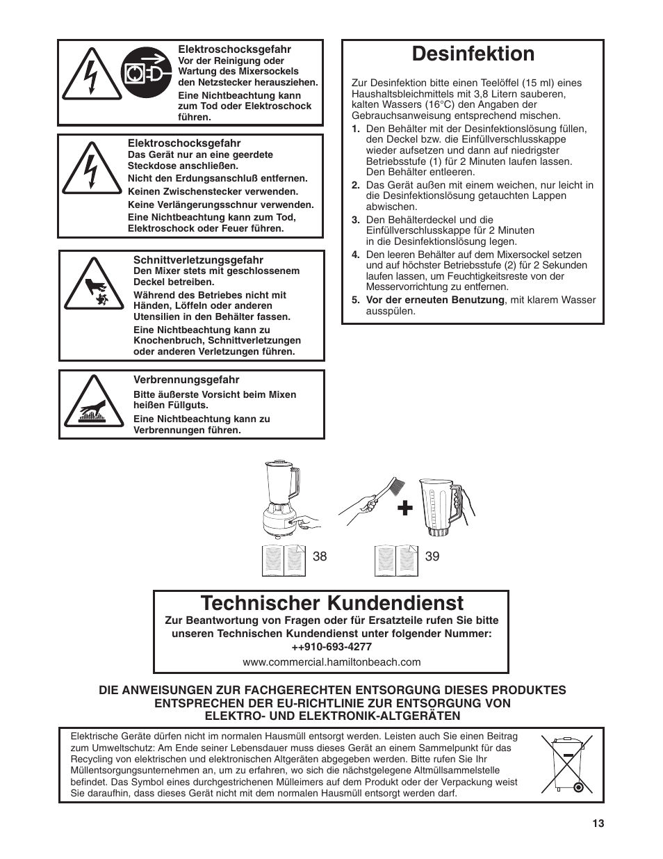 Technischer kundendienst desinfektion | Hamilton Beach 908 Series User Manual | Page 13 / 40