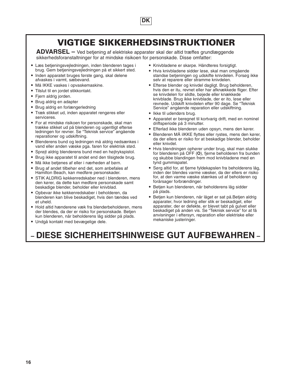 Diese sicherheitshinweise gut aufbewahren, Vigtige sikkerhedsinstruktioner, Advarsel | Hamilton Beach 908 Series User Manual | Page 16 / 40