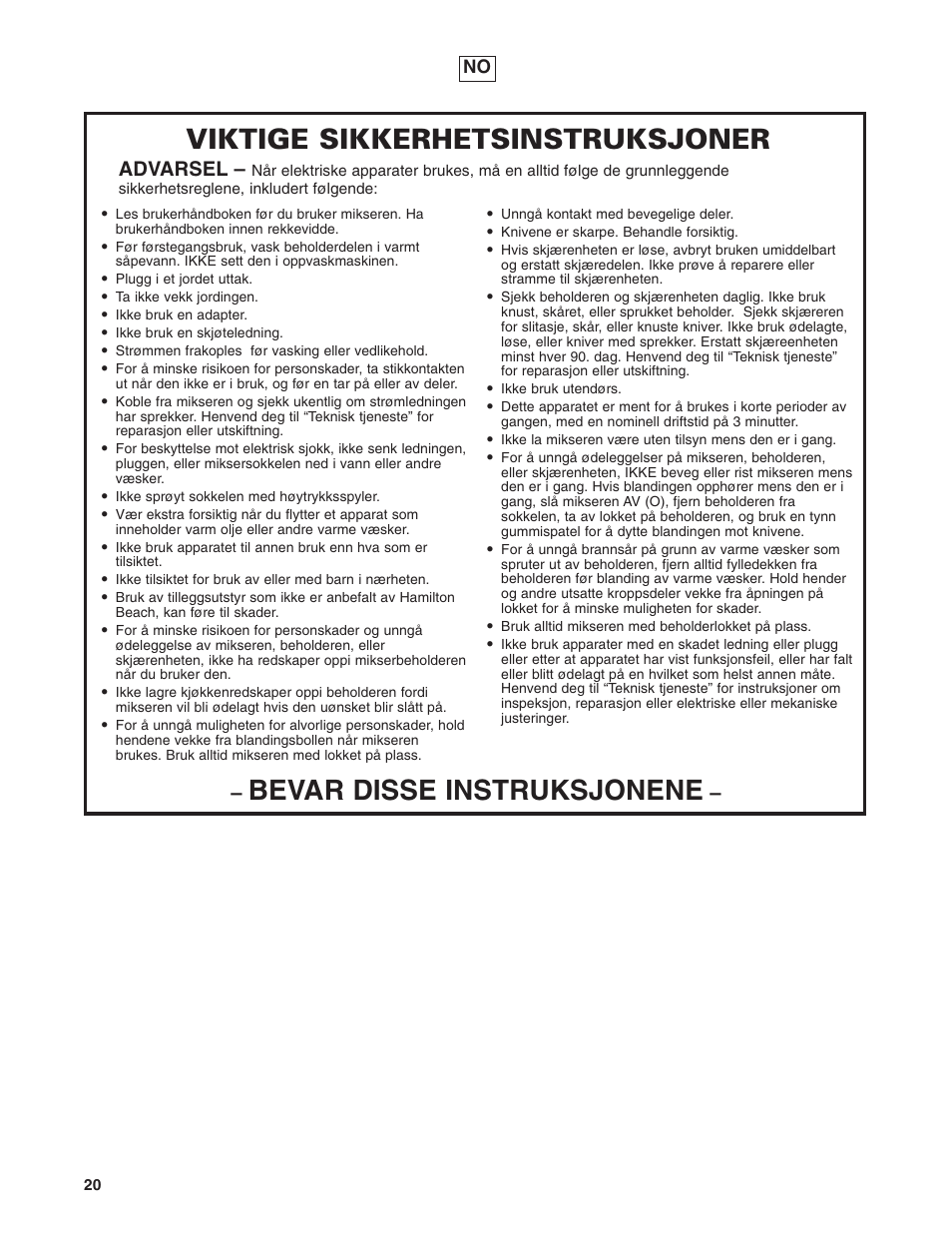 Bevar disse instruksjonene, Viktige sikkerhetsinstruksjoner, Advarsel | Hamilton Beach 908 Series User Manual | Page 20 / 40